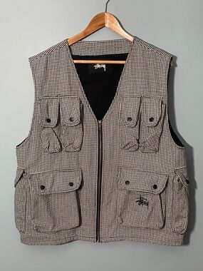 STUSSY Utility Cargo Vest SIZE LARGE Houndstooth Pattern